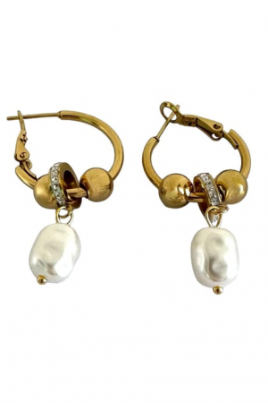 Coliere - Cercei rotunzi din oțel inoxidabil cu detalii perle aurii – Design elegant și rafinat