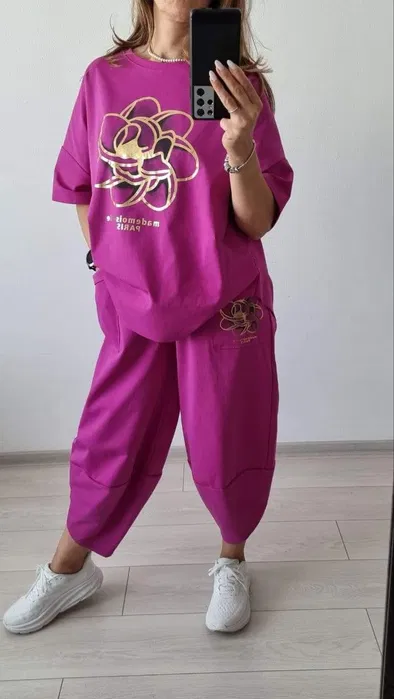 Compleuri Dama - Compleu dama trening sport pantaloni si bluza - PREMIUM COTTON - Imprimeu auriu