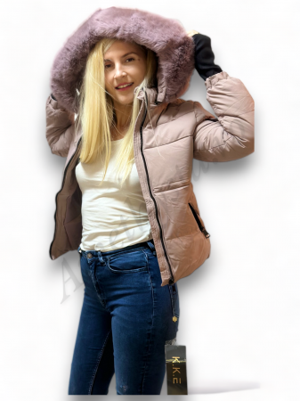 Geci Dama - Geaca Dama cu Gluga si Guler de Blana - Roz