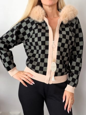 Pulovere Dama - Jacheta Dama Cardigan, Gluga cu Blana Artificiala