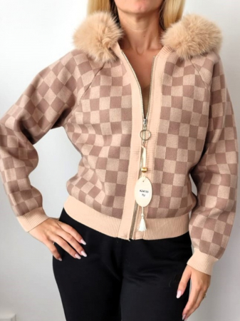 Pulovere Dama - Jacheta Dama Cardigan, Gluga cu Blana Artificiala