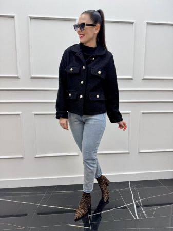 Jachete Dama - Jachetă scurtă tip boucle miel cu buzunare aplicate și nasturi metalici decorativi