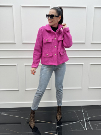 Jachete Dama - Jachetă scurtă tip boucle miel cu buzunare aplicate și nasturi metalici decorativi