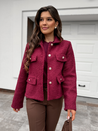 Jachete Dama - Jachetă scurtă tip boucle miel cu buzunare aplicate și nasturi metalici decorativi