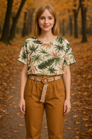 Pantaloni Lungi - Pantaloni dama casual cu curea etnica si talie elastica