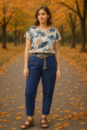 Pantaloni Lungi - Pantaloni dama casual cu curea etnica si talie elastica