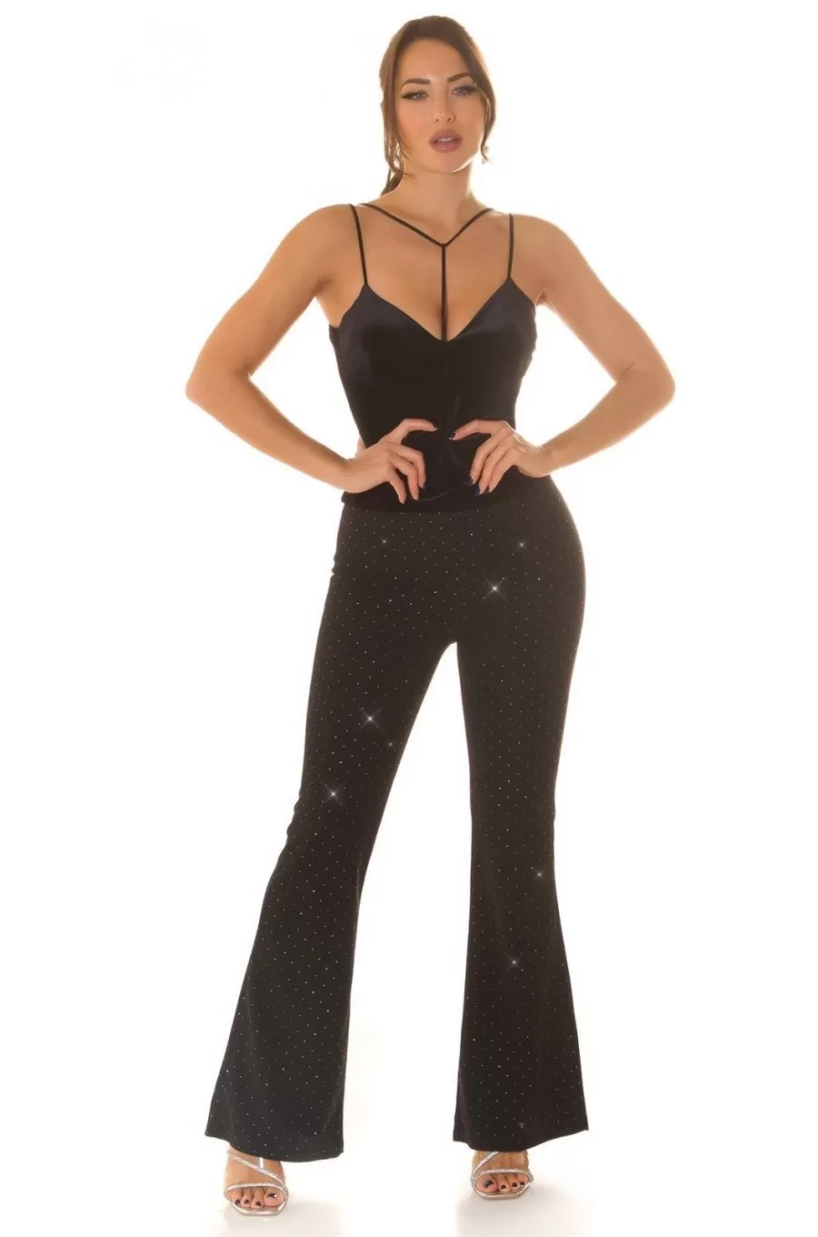 Pantaloni Lungi - Pantaloni Dama Lycra cu Strasuri - Glamour - CHD1