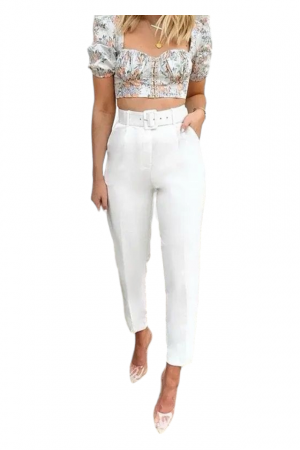 Pantaloni Dama - Pantaloni dama cu dunga si curea asortata - Sammy - alb