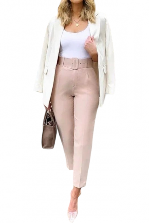 Pantaloni Lungi - Pantaloni dama cu dunga si curea asortata - Sammy - nude