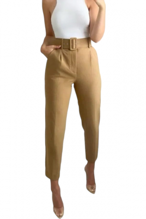 Pantaloni Lungi - Pantaloni dama cu dunga si curea asortata - Sammy - crem