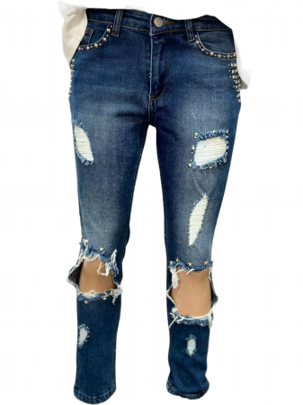 Pantaloni Dama - Pantaloni dama denim taieturi si capse - P120