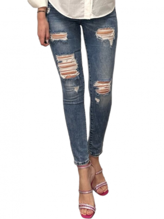 Pantaloni Dama - Pantaloni dama denim taieturi si ornament talie - Farfallina