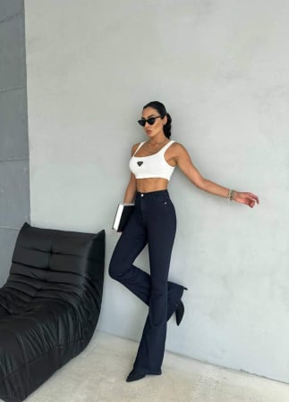 Pantaloni Dama Denim - Pantaloni dama lungi denim - Blugi Evazati cu Talie inalta - JUSTT