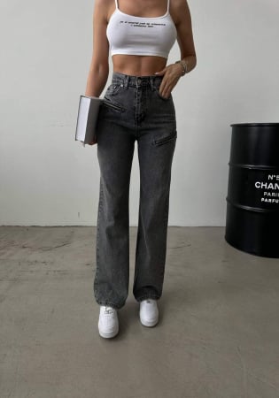 Pantaloni Dama Denim - Pantaloni lungi denim - Blugi Croi Wide Leg si Decupaje cu Fermoar