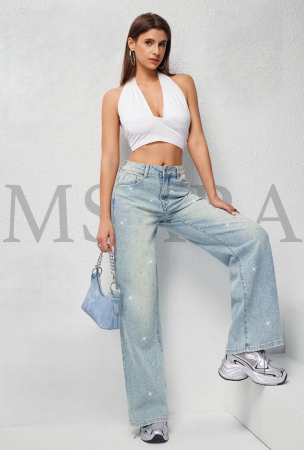 Pantaloni Dama Denim - Pantaloni lungi denim - Blugi Wide Leg cu Strasuri