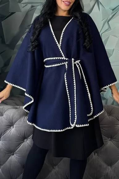 Jachete Dama - Poncho dama stil capa din stofa cu cordon – marime universala M-4XL