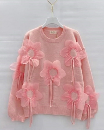 Pulovere Dama - Pulover dama cu flori aplicate si snururi