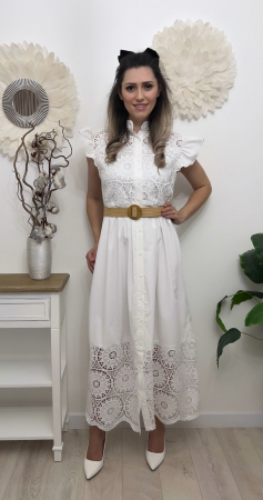 Imbracaminte Dama - Rochie alba din bumbac brodat, marime universala, cu curea si nasturi
