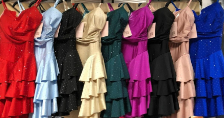 Rochii Dama - Rochie babydoll satinata cu bretele subtiri, umerii goi si volanase – stil cocktail, strasuri aplicate, marime universala S-M