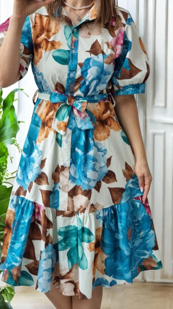 Rochii Dama - Rochie camasa midi cu imprimeu floral, croiala evazata, talie inalta, stil casual Sarmina