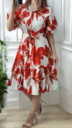 Rochii Dama - Rochie camasa midi cu imprimeu floral, croiala evazata, talie inalta, stil casual Sarmina