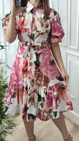 Rochii Dama - Rochie camasa midi cu imprimeu floral, croiala evazata, talie inalta, stil casual Sarmina