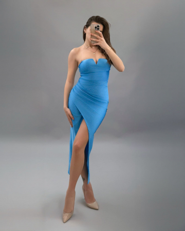 Rochii Dama - Rochie creion satinata cu bretele subtiri si strasuri – croi mulat, cupe buretate, slit frontal, marime universala