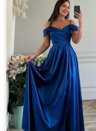 Rochii Dama - Rochie Dama Lunga Satinata cu Revere si Bretele