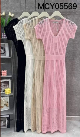 Rochii Dama - Rochie midi de vara tricotata cu maneca scurta