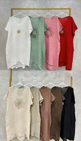 Rochii Dama - Rochie Dama Din In Cu Floare Brodata, Croi Lejer, Marime Universala, Culori Diverse