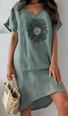 Rochii Dama - Rochie Dama Din In Cu Floare Brodata, Croi Lejer, Marime Universala, Culori Diverse