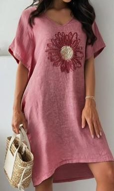 Rochii Dama - Rochie Dama Din In Cu Floare Brodata, Croi Lejer, Marime Universala, Culori Diverse