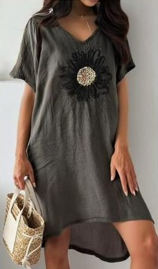 Rochii Dama - Rochie Dama Din In Cu Floare Brodata, Croi Lejer, Marime Universala, Culori Diverse