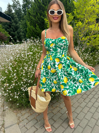 Rochii Dama - Rochie damă evazată cu bretele subțiri și imprimeu fructat – Lemon, Green Lemon, Ceramic Blu
