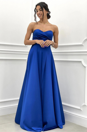 Rochii Dama - Rochie Dama Lunga cu Umerii goi, pliuri si Aspect Satinat - Milla