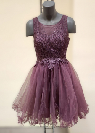 Rochii Dama - Rochie Dama Scurta din Tulle si Dantela cu Strasuri