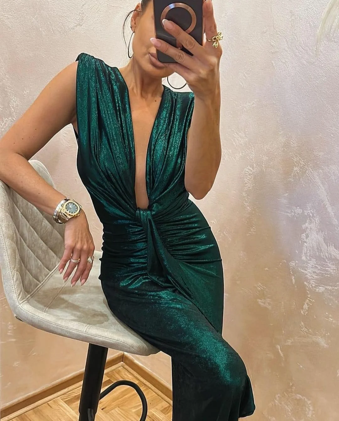 Rochii Dama - Rochie Dama Metalic croiala cu fronseuri si decolteu adanc - Hannah