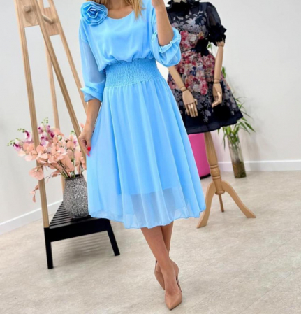 Rochii Dama - Rochie Dama Midi din Voal Captusit cu Trandafir pe Umar