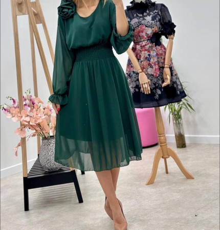 Rochii Dama - Rochie Dama Midi din Voal Captusit cu Trandafir pe Umar