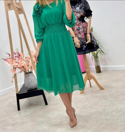 Rochii Dama - Rochie Dama Midi din Voal Captusit cu Trandafir pe Umar