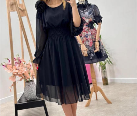 Rochii Dama - Rochie Dama Midi din Voal Captusit cu Trandafir pe Umar