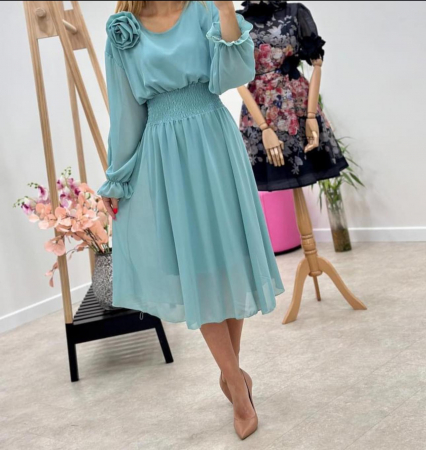 Rochii Dama - Rochie Dama Midi din Voal Captusit cu Trandafir pe Umar