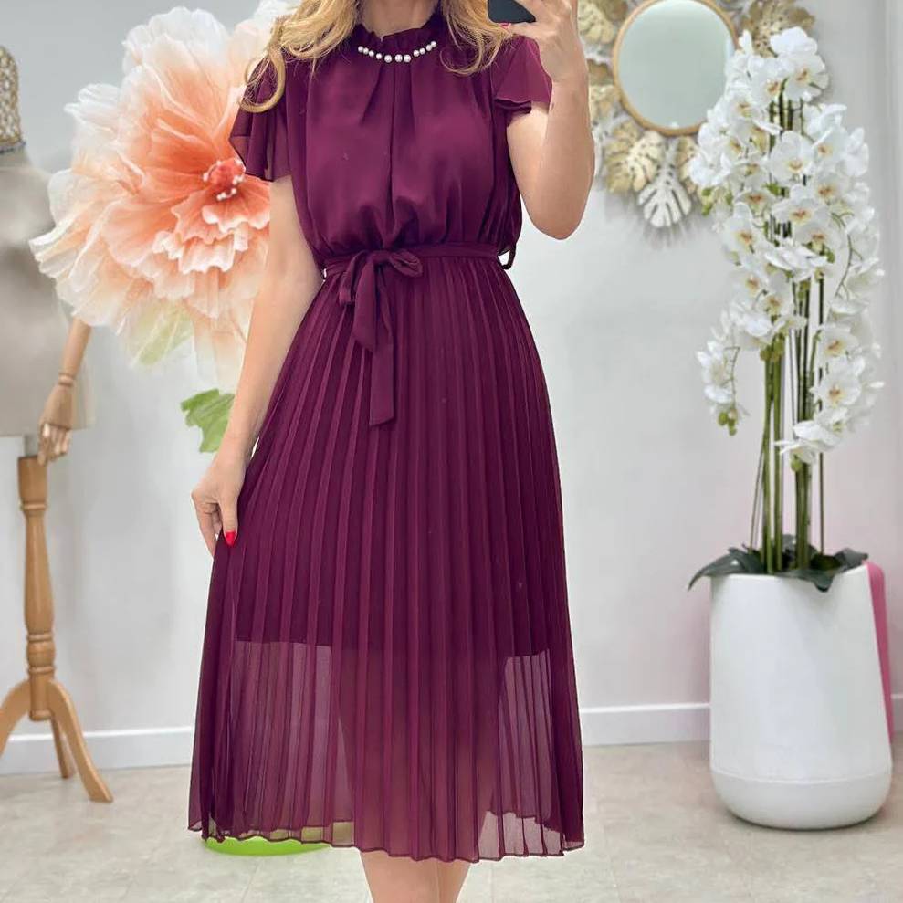 Rochii Dama - Rochie damă plisată din voal cu cordon – talie elastică – 7 culori – mărime unică S-L