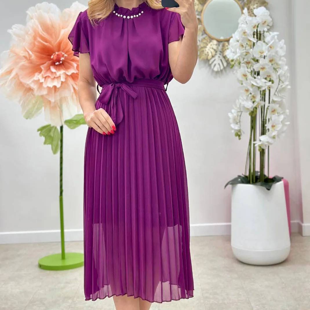 Rochii Dama - Rochie damă plisată din voal cu cordon – talie elastică – 7 culori – mărime unică S-L