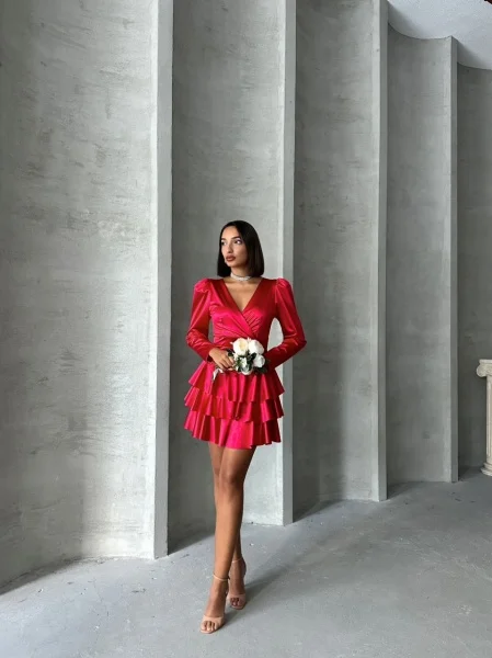 Rochii Dama - Rochie Dama Satin Baby Doll cu Maneca Lunga - Clara