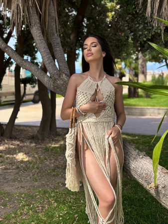Rochii Dama - Rochie de plaja macrame cu bretele incrucisate si franjuri lungi – stil boho chic