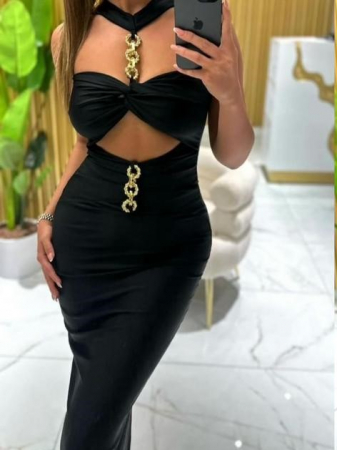 Rochii Dama - Rochie de seara cu zale aurii si decupaj in zona taliei