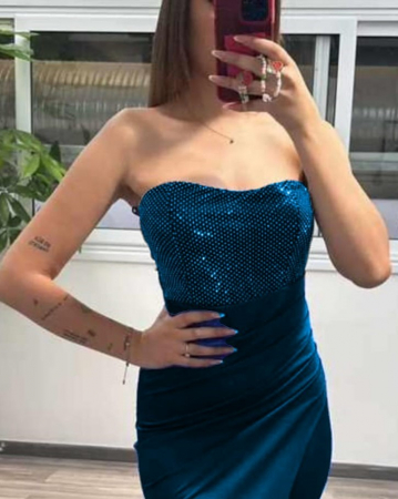 Rochii Dama - Rochie de seara din satin cu corset cu paiete aplicate