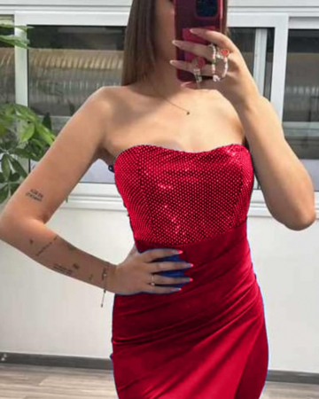 Rochii Dama - Rochie de seara din satin cu corset cu paiete aplicate