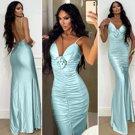 Rochii Dama - Rochie de seara din satin cu trandafir aplicat pe decolteu